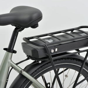 Close up of the 48V 15Ah LG battery mounted on the rear rack of the Revom T5 electric trike