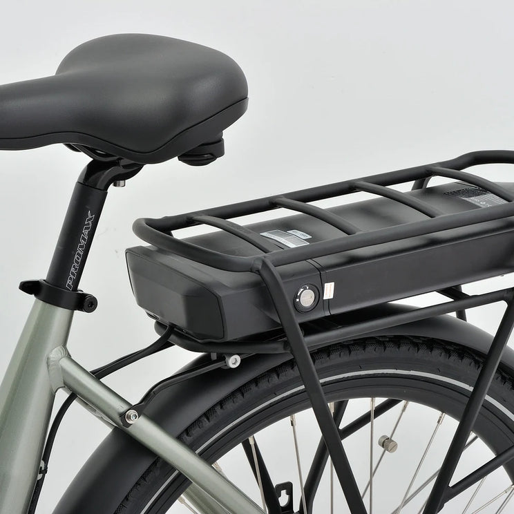 Close up of the 48V 15Ah LG battery mounted on the rear rack of the Revom T5 electric trike