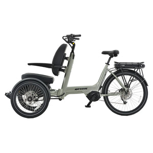 Left side view of the Revom T5 electric tricycle with mid drive motor and 26 inch rear wheel