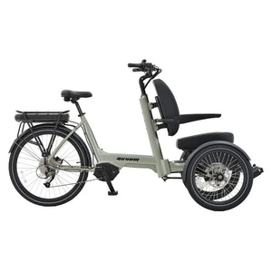 Side view of the Revom T5 electric tricycle in sage green with front passenger seat and rear rack