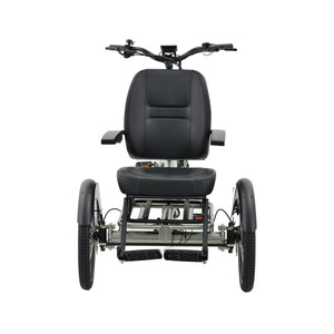 Front view of the Revom T5 electric tricycle with twin front wheels and passenger seat with footrests