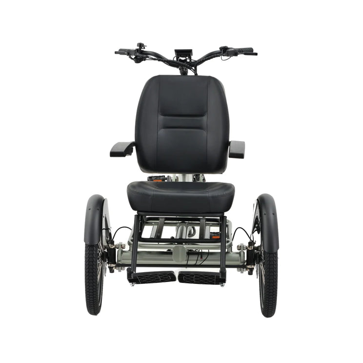 Front view of the Revom T5 electric tricycle with twin front wheels and passenger seat with footrests