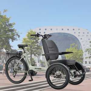 Revom T5 passenger electric tricycle parked in a city square on a sunny day