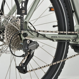 Close up of the Shimano Altus 9 speed derailleur and cassette on the Revom T5 electric trike