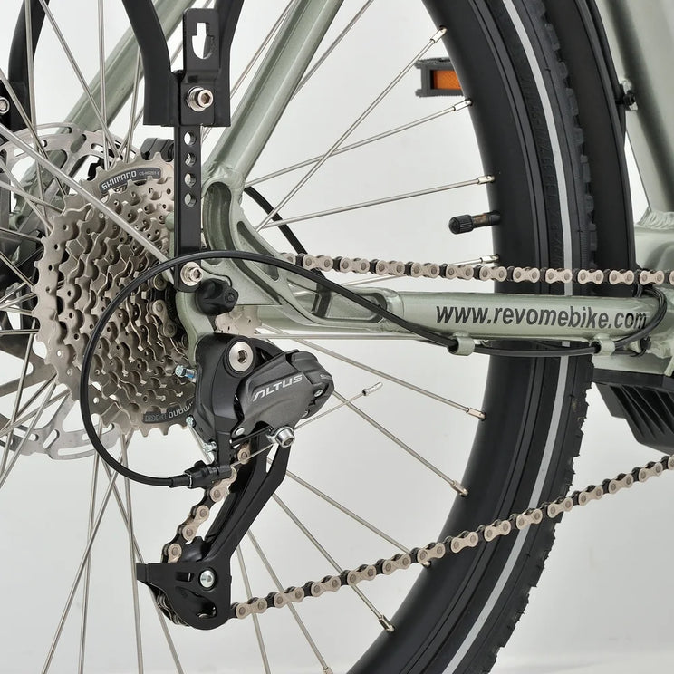 Close up of the Shimano Altus 9 speed derailleur and cassette on the Revom T5 electric trike
