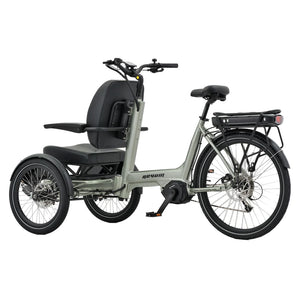 Rear angled view of the Revom T5 electric trike showing the battery, rear rack and passenger seat
