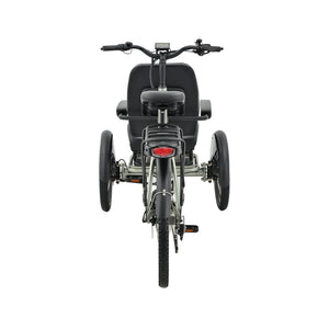 Rear view of the Revom T5 electric trike showing the rear light, saddle and rear rack