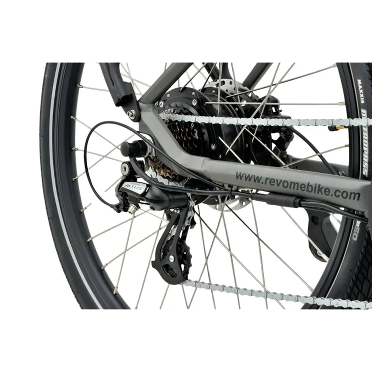 Revom U1 all-terrain e-bike rear wheel with Shimano Altus gear system.