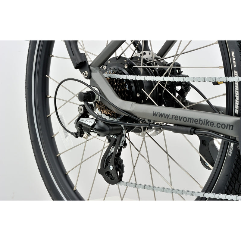 Revom U1 all-terrain e-bike rear wheel with Shimano Altus gear system.