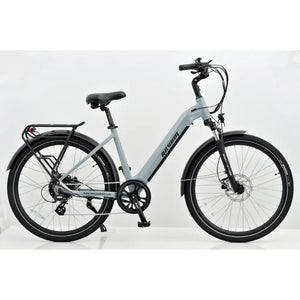 Full side profile view of the Revom U1 step-through electric bike in a gloss light grey finish.