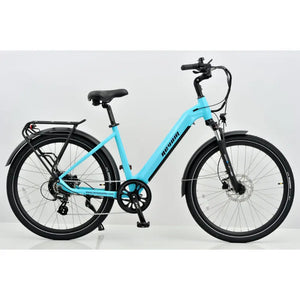 Side profile view of the blue Revom U1 step-through electric bike, featuring a low-step frame, rear rack, and all-terrain tires.