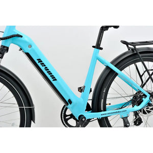 Revom U1 all-terrain turquoise e-bike frame with integrated battery detail.