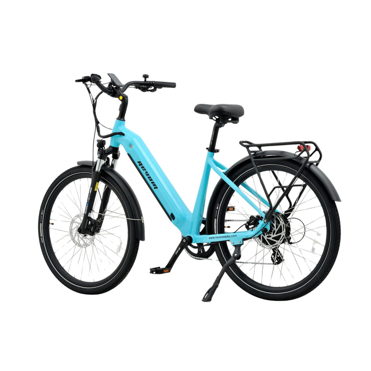 Revom U1 all-terrain electric bike turquoise, angled view with rear rack.