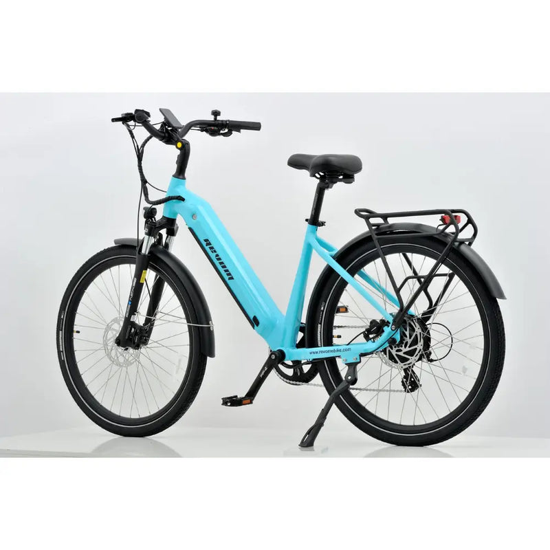 Revom U1 all-terrain electric bike turquoise, angled view with rear rack.
