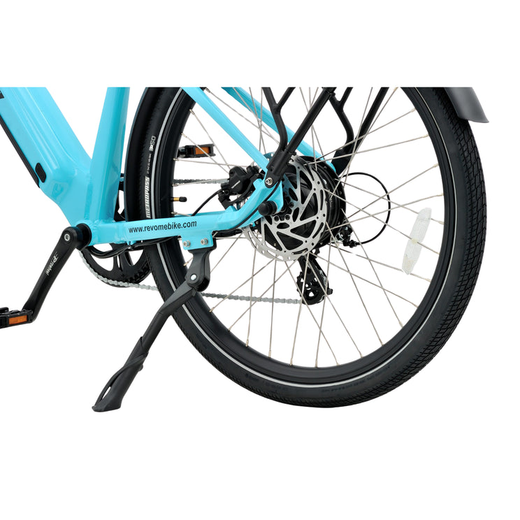 Revom U1 all-terrain turquoise e-bike rear wheel with motor hub and disc brake.