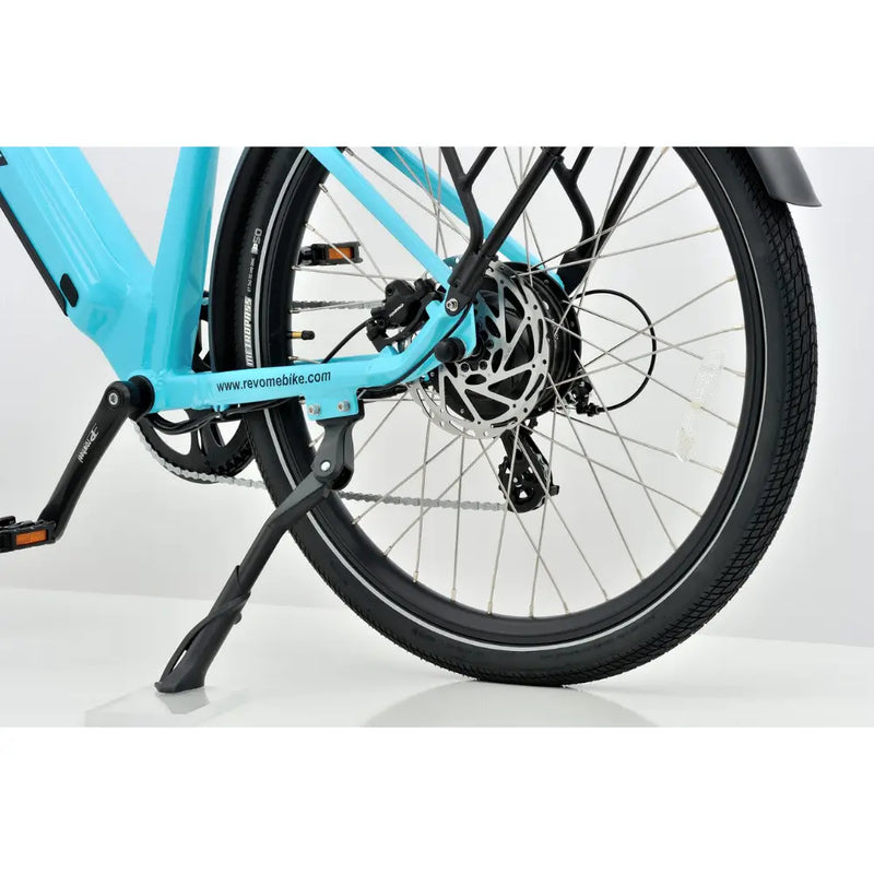 Revom U1 all-terrain turquoise e-bike rear wheel with motor hub and disc brake.
