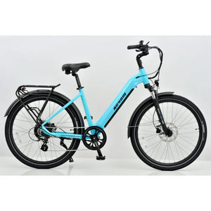 Revom U1 all-terrain e-bike in turquoise, step-through frame, side view.