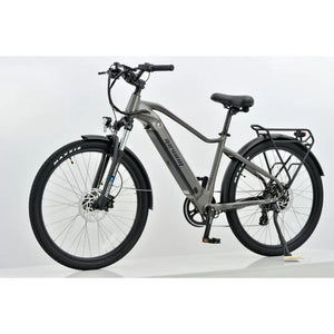Side angle view of the Revom U2 All-Terrain electric bike in dark grey with front suspension and rear rack.