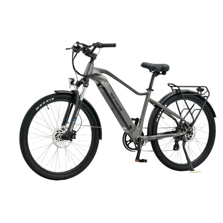 Side angle view of the Revom U2 All-Terrain electric bike in dark grey with front suspension and rear rack.