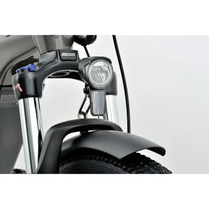 Front view of Revom U2 All-Terrain Electric Bike showing SR Suntour suspension fork and integrated headlight