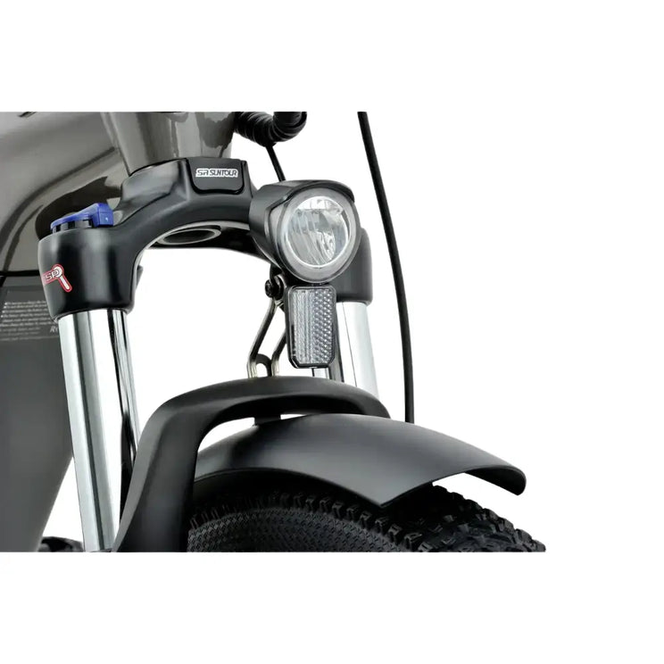 Front view of Revom U2 All-Terrain Electric Bike showing SR Suntour suspension fork and integrated headlight
