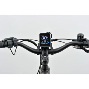 Revom U2 All-Terrain Electric Bike handlebar with LCD display showing speed and assist level.