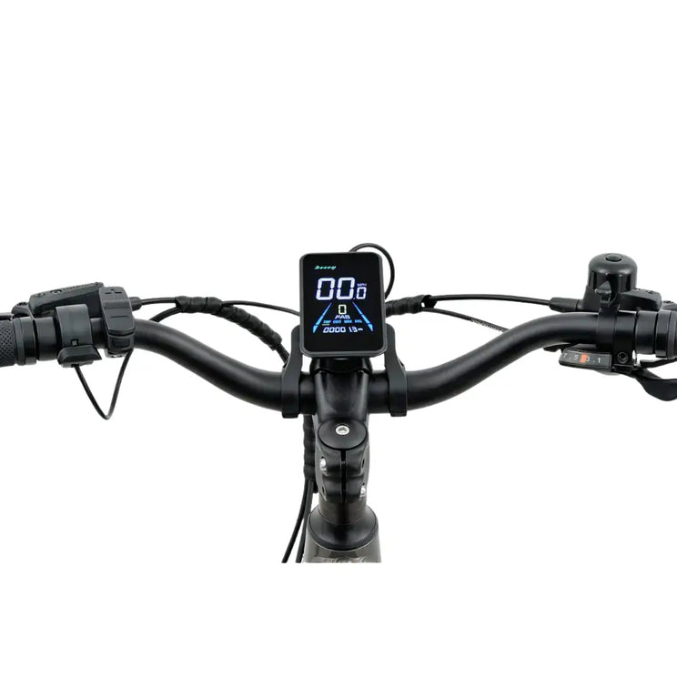 Revom U2 All-Terrain Electric Bike handlebar with LCD display showing speed and assist level.
