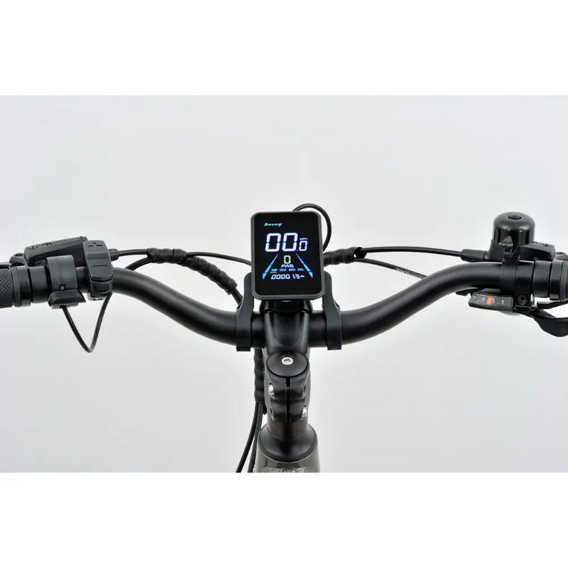 Revom U2 All-Terrain Electric Bike handlebar with LCD display showing speed and assist level.
