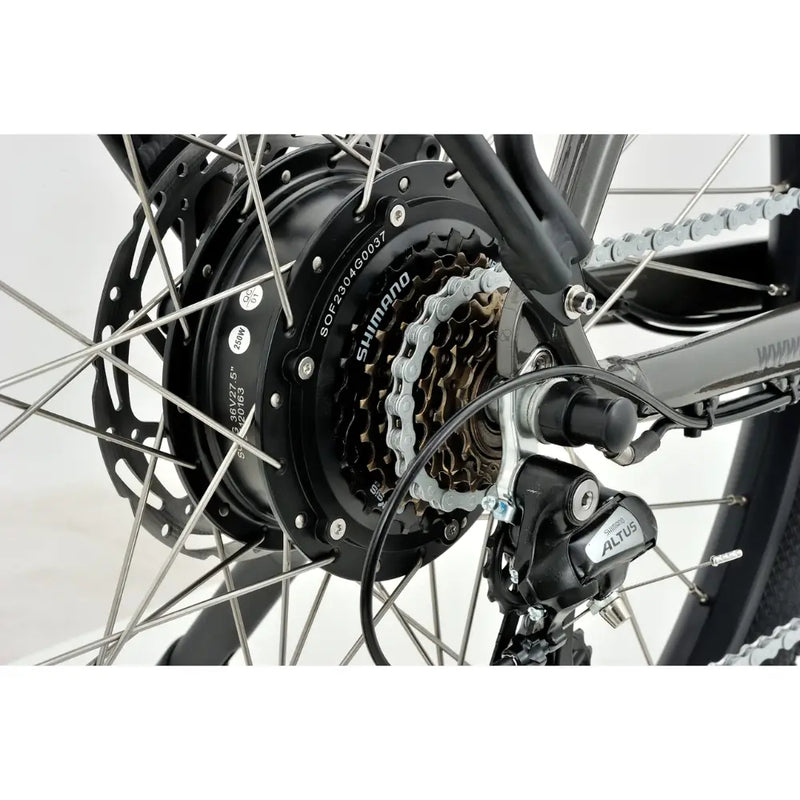 Rear wheel of Revom U2 All-Terrain Electric Bike with Shimano motor and Altus derailleur