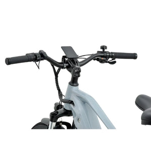 Close-up of Revom U2 electric bike handlebars showing display, controls, and brake levers for smooth riding control.