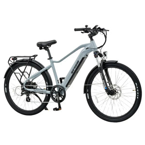 Revom U2 light grey electric bike in three-quarter view highlighting the frame, rear rack, and commuter design.