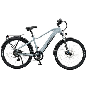 Revom U2 light grey electric bike shown in full side view with integrated battery and rear rack for urban commuting.