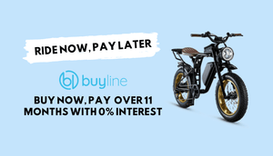 Electric bike on blue background promoting flexible finance options from Bike Yard Online