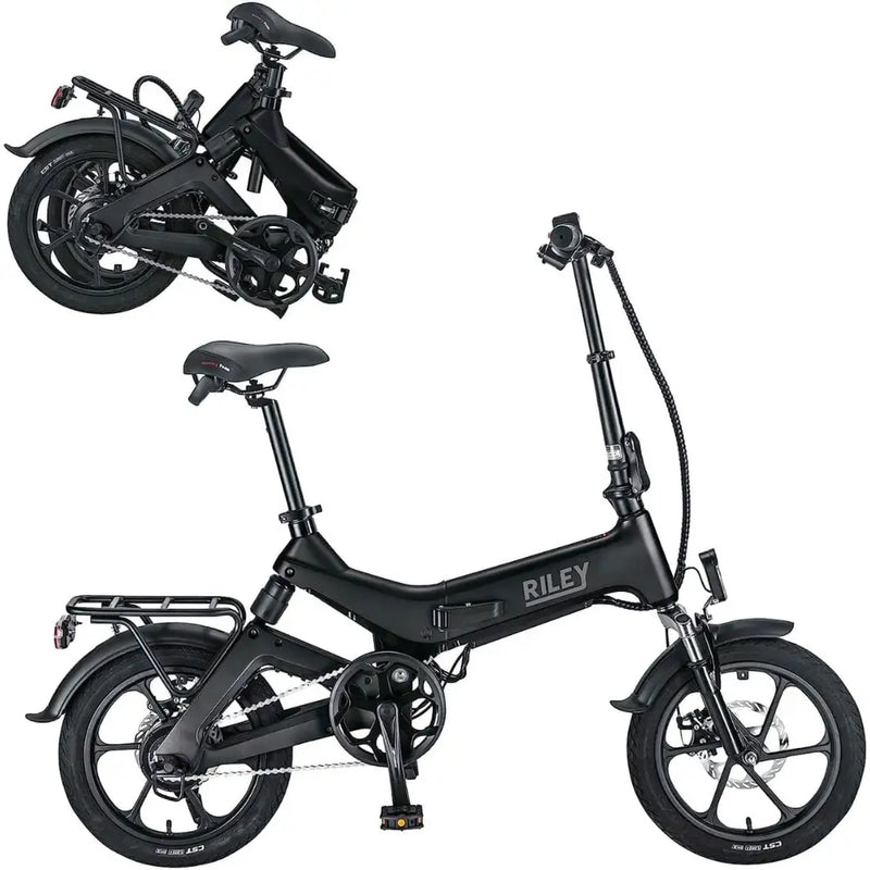 Side view of the Riley RB1 single speed folding electric bike in black with compact 16-inch wheels and rear carrier.