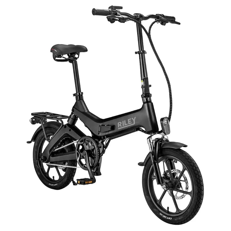 Front angled view of the Riley RB1 Single Speed Folding Electric Bike 250W with upright handlebars and sleek black finish.