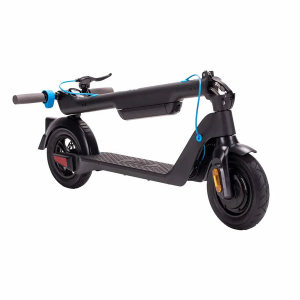 Angled view of Riley RS1 V2 electric folding scooter folded down in black.