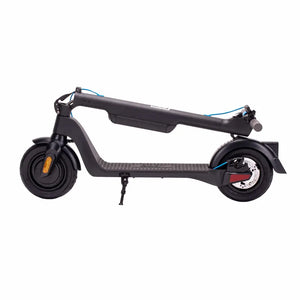 Side view of the folded Riley RS1 V2 electric folding scooter in black.