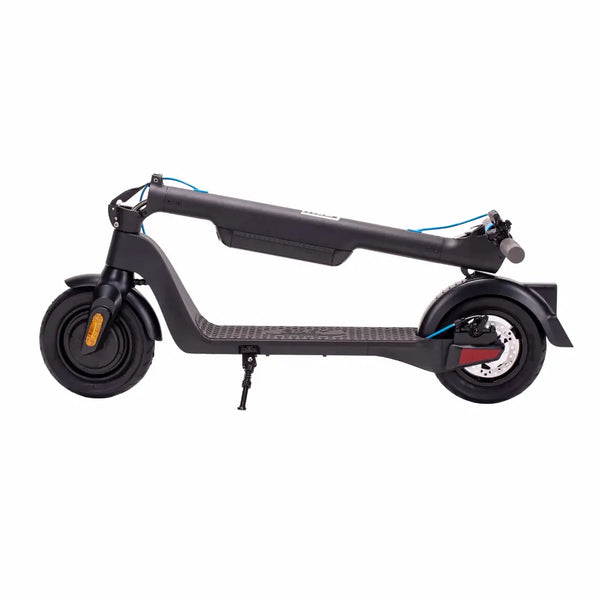 Side view of the folded Riley RS1 V2 electric folding scooter in black.