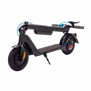 Riley RS1 V2 electric folding scooter in black, shown folded for compact storage.