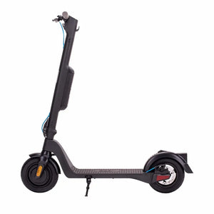 Left side view of the Riley RS1 V2 Electric Folding Scooter 350W in black with blue accents.