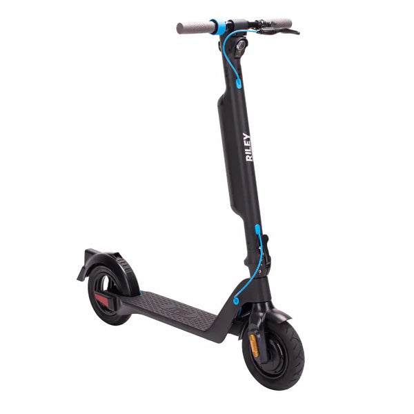 Angled profile of the Riley RS2 V2 Electric Folding Scooter 350W highlighting sturdy tyres and folding frame.