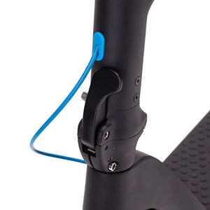 Folding handle mechanism and blue cable detail on the Riley RS2 V2 Electric Folding Scooter 350W.