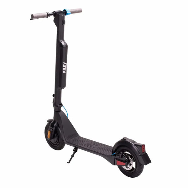 Rear angled view of the Riley RS2 V2 Electric Folding Scooter 350W showcasing the rear light and disc brake system.