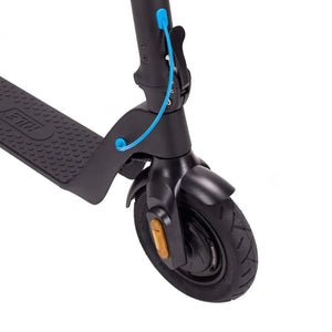 Front wheel and suspension detail of the Riley RS2 V2 electric folding scooter with side reflectors.