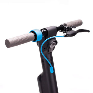 Close-up view of the Riley RS2 V2 electric folding scooter handlebar with brake lever, grips, and headlight.