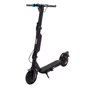 Front view of the black Riley RS3 electric scooter standing upright, featuring a removable battery stem and sleek design.