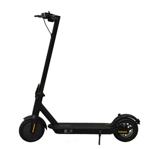 Full right side view of the Riley RSX electric scooter, highlighting its standing kickstand, rear disc brake, and textured deck.