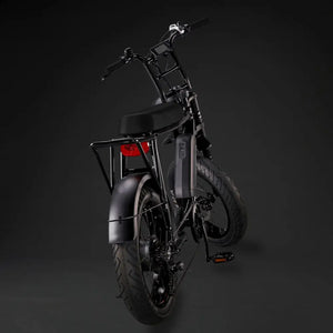 Rear view of the Rocket 88S e-bike showing the rear rack and black bench seat.