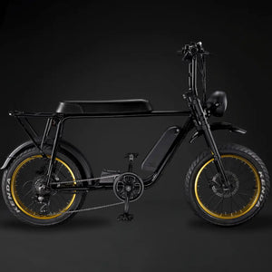 Side profile of the Rocket 88S electric bike customized with striking gold rims and a black padded seat.