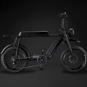 Full side view of the retro-styled Rocket 88S e-bike featuring a black seat on a black frame.